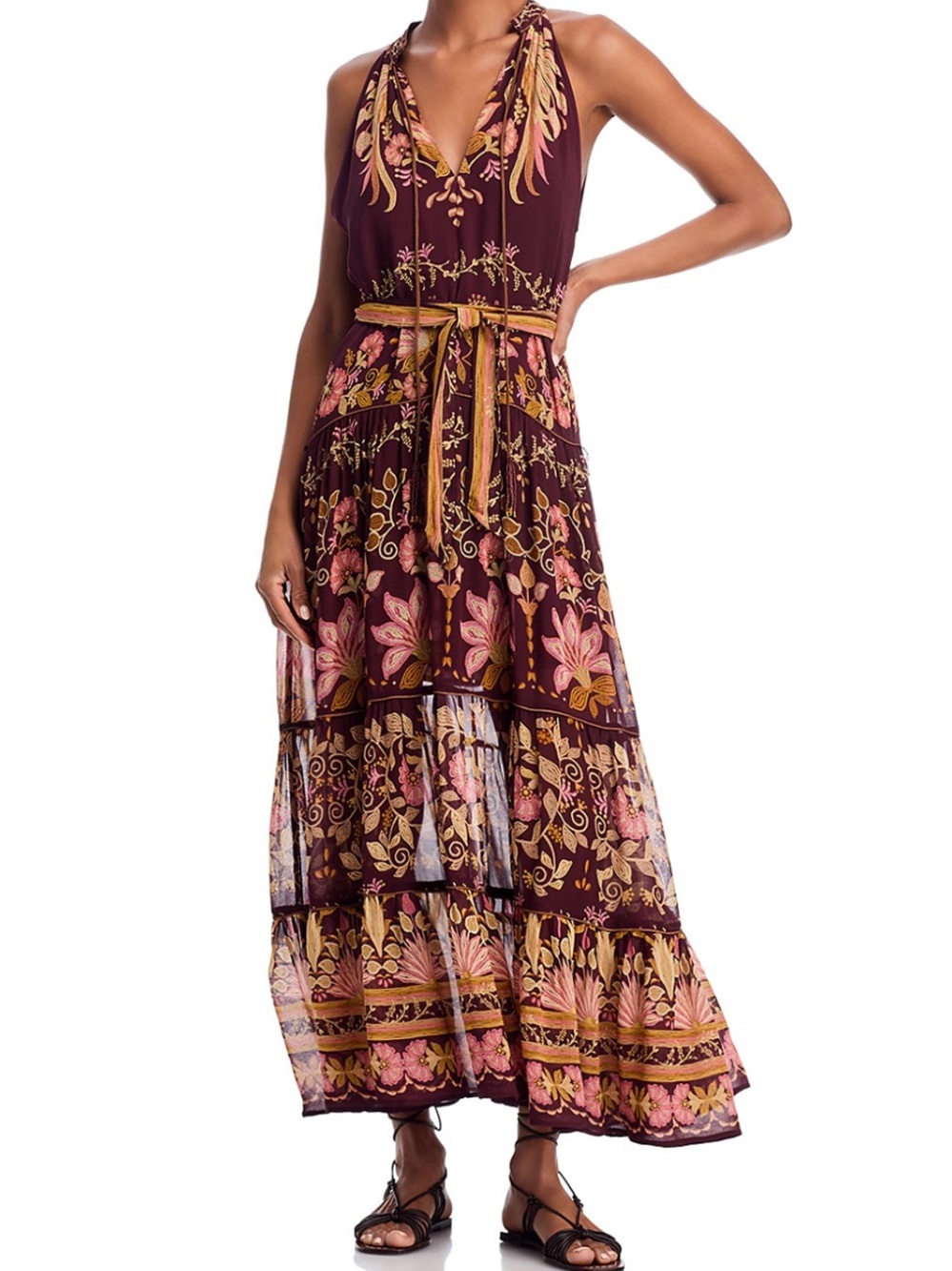 Farm Rio Bella waist tie Maxi dress in burgundy